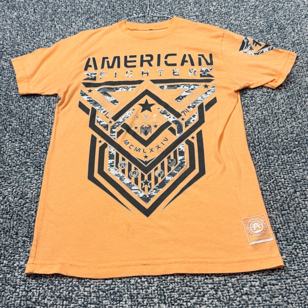American Fighter Mens Graphic T-Shirt Orange Small Camo Athletic Crew Neck Tee